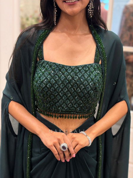 Rivora Green Sequin Cut Dana Crop Top Drape Skirt Set with Cape