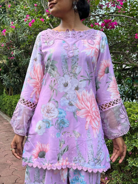 Pavira Purple Floral Suit Set with Lace Detailing