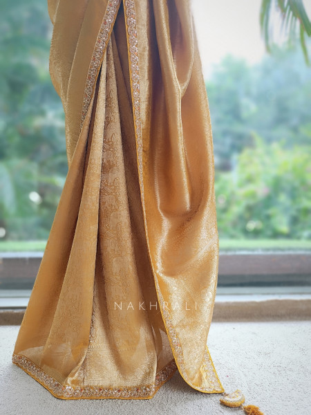 Rivora Mustard Zari Woven Saree with Ornate Border Design