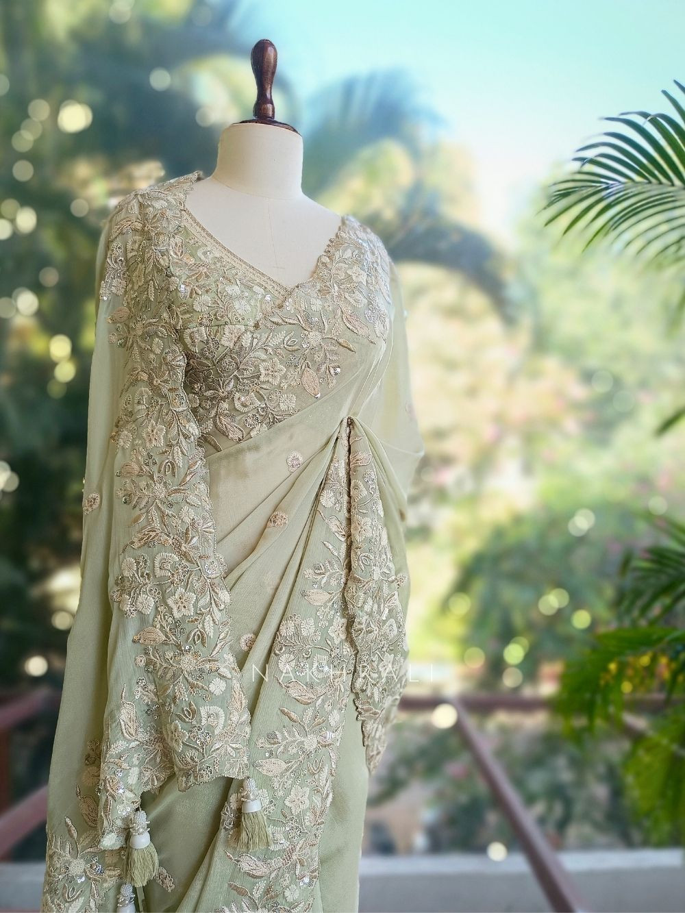 Tnt Rishka Rishka Pista Green Saree with Embroidery and Sequin Work