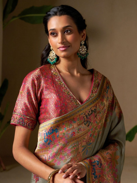 Aarunya Grey Dola Silk Saree with Multicolor Weave