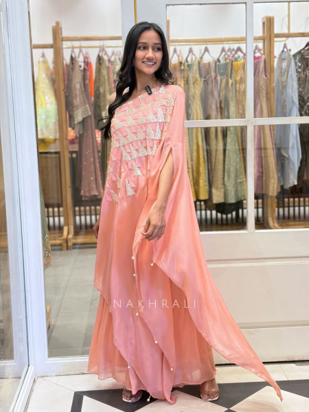 Moonveil Pink One Shoulder Cape Kaftan with Sequin Embellishment