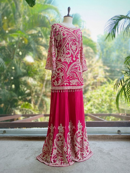 Miraya Magenta Bead Embroidered Kurta Sharara Suit Set