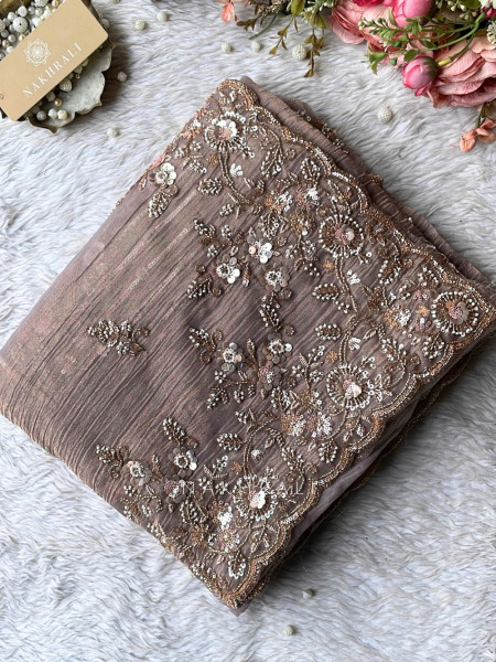 Roselle Gleam Purple Crushed Shimmer Silk Saree With Zardozi & Aari Work