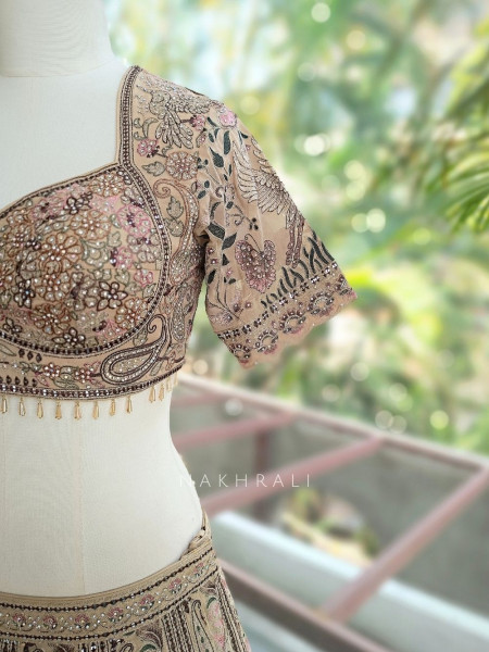 Solene Beige Embroidered Lehenga Set with Thread Work