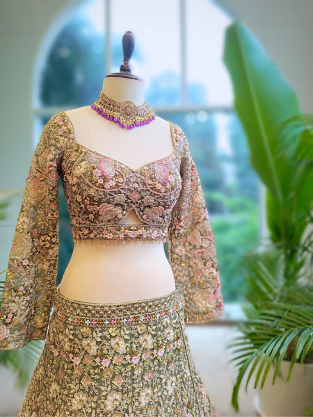 Elysian Green Embroidered Lehenga with Heavy Zari & Sequin Work