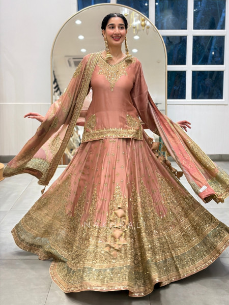 Gul-ru Peach Short Kurti Lehenga Set With Zardozi & Kundan Work