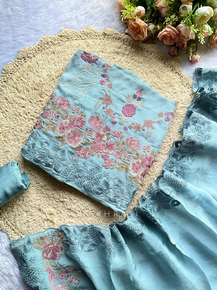 Image of Elira Blue Embroidered Dress Material Set