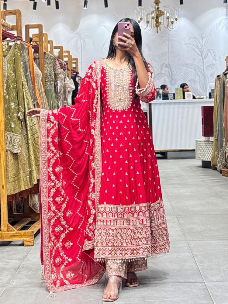 Image of Aarvi Red Anarkali Suit Set with Zari Embroidery and Embellished Dupatta