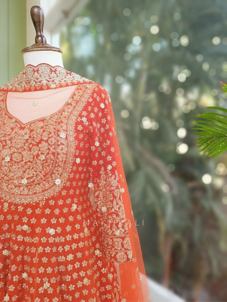 Ruhvika Royal Orange Embroidered Lehenga Set with Mirror and Stone Work