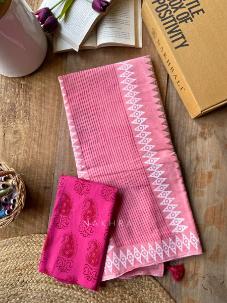 Mudrakriti Pink Cotton Saree with Block Print