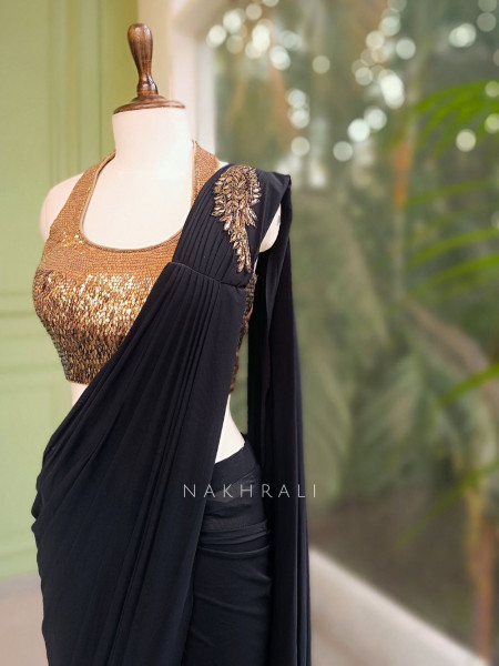 Nyra Black Sequin Blouse Drape Saree Set