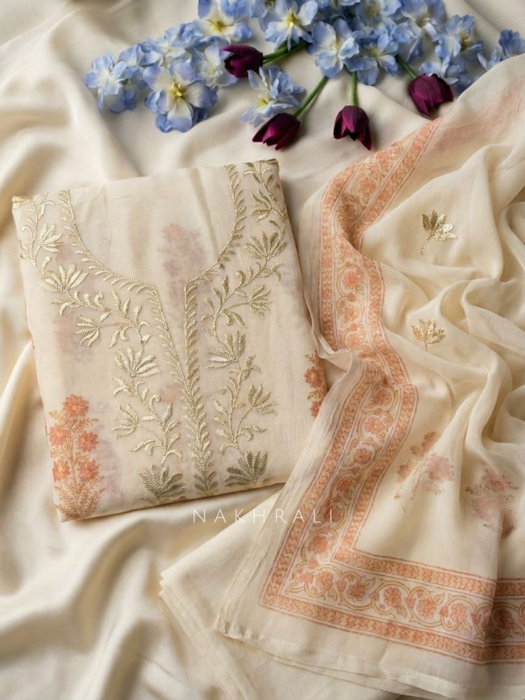 Image of Lioren Cream Floral Printed Dress Material with Thread Embroidery
