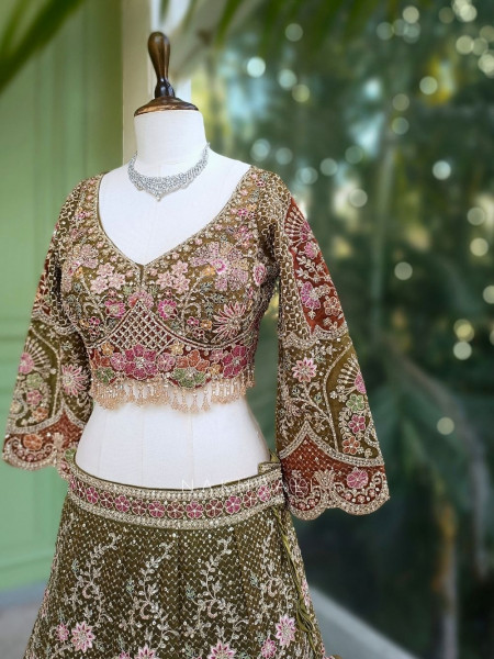 Tirvani Green Floral Embroidered Bridal Lehenga Set