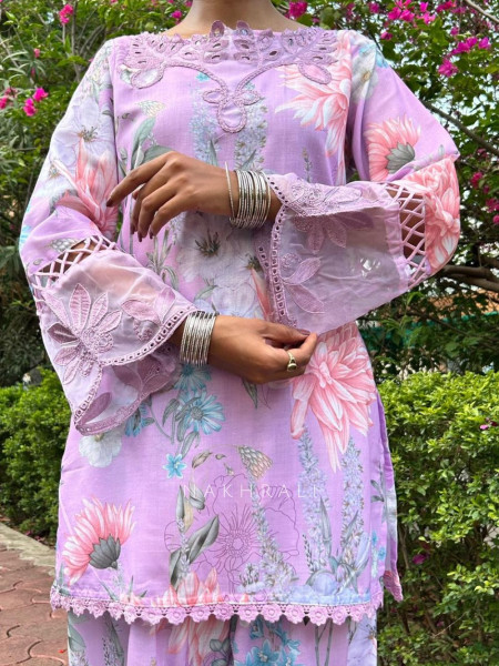 Pavira Purple Floral Suit Set with Lace Detailing