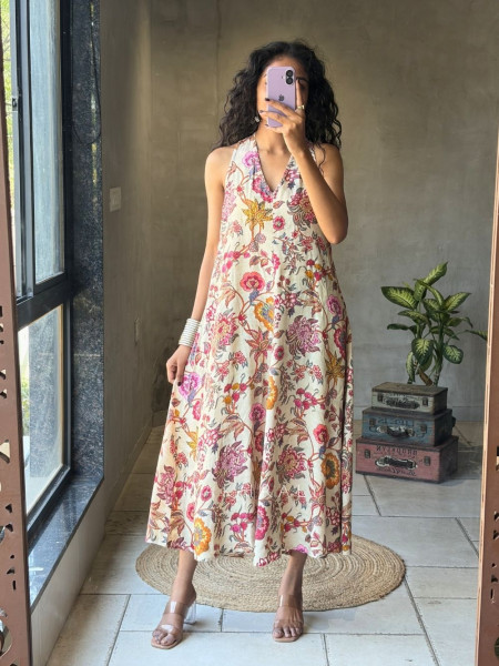 Breeze Muse Cream Floral Printed A-Line Dress