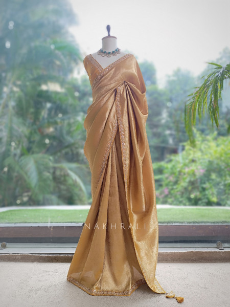 Rivora Mustard Zari Woven Saree with Ornate Border Design