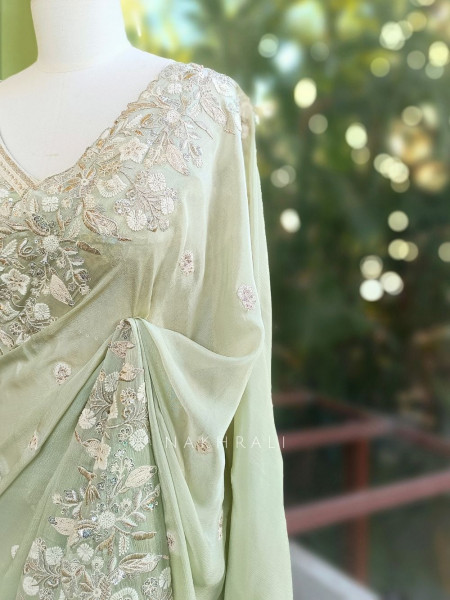 Rishka Pista Green Saree with Embroidery and Sequin Work