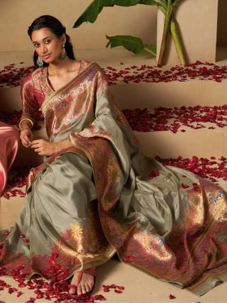 Aarunya Grey Dola Silk Saree with Multicolor Weave