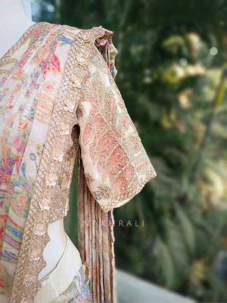 Mrinal Cream Drape Saree with Floral Print and Sequin Border