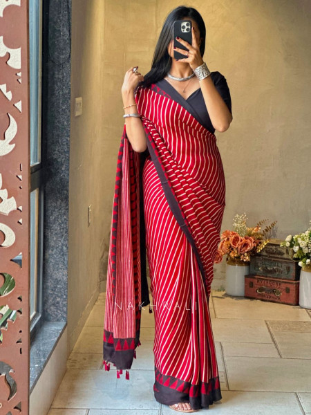Ravya Red Modal Silk Saree with Stripe Weave
