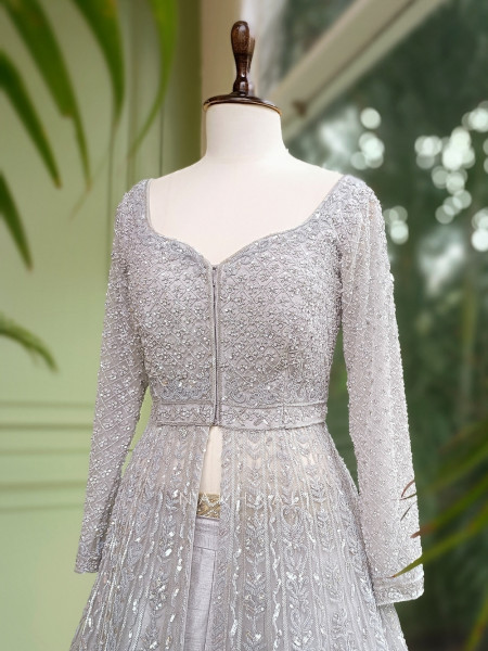 Mystic Moon Grey Indowestern Lehenga with Sequin and Cutdana Embellishment