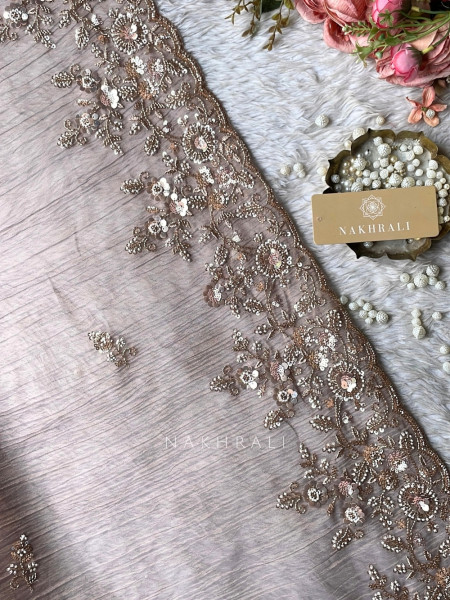 Roselle Gleam Purple Crushed Shimmer Silk Saree With Zardozi & Aari Work