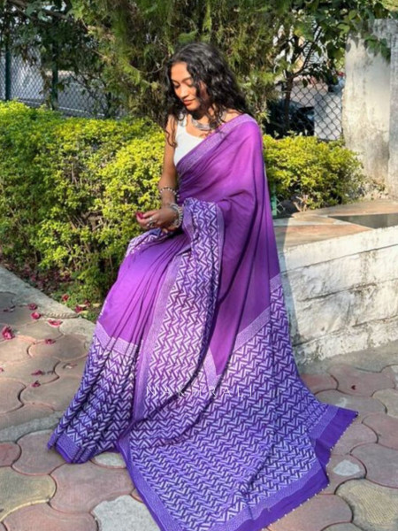 Vanika Purple Cotton Handblock Saree