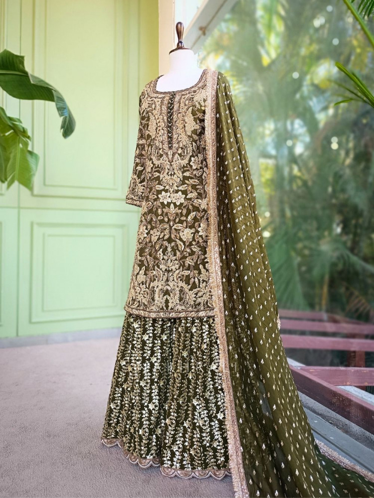 Image of Zayira Green Zari &amp; Bead Embroidered Kurta Sharara Suit Set