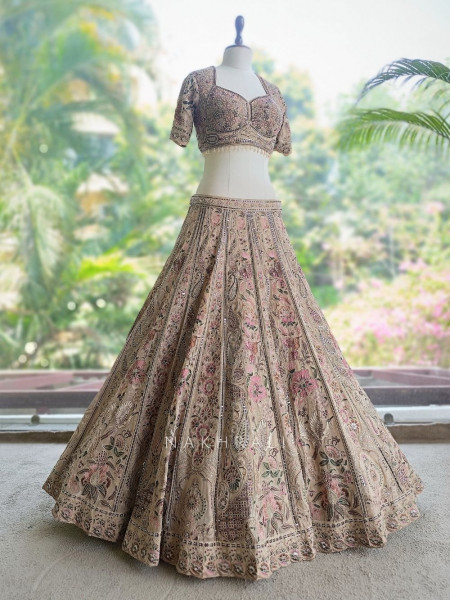 Solene Beige Embroidered Lehenga Set with Thread Work