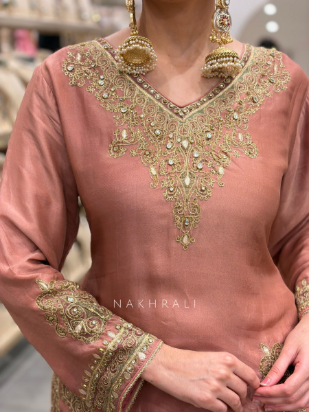 Gul-ru Peach Short Kurti Lehenga Set With Zardozi & Kundan Work