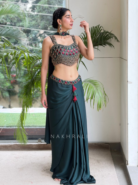 Kritisha Deep Green Indo-Western Draped Skirt Set