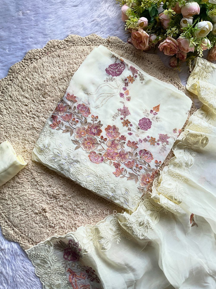 Image of Elira Cream Embroidered Dress Material Set