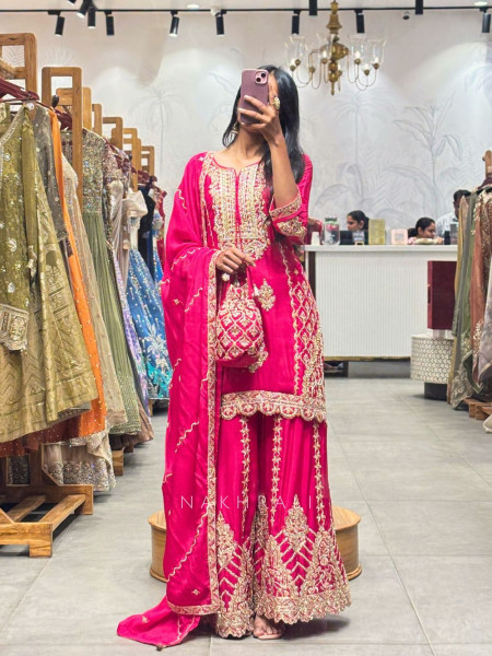 Avannya Magenta Embroidered Suit Set with Potli