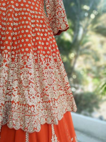 Ruhvika Royal Orange Embroidered Lehenga Set with Mirror and Stone Work