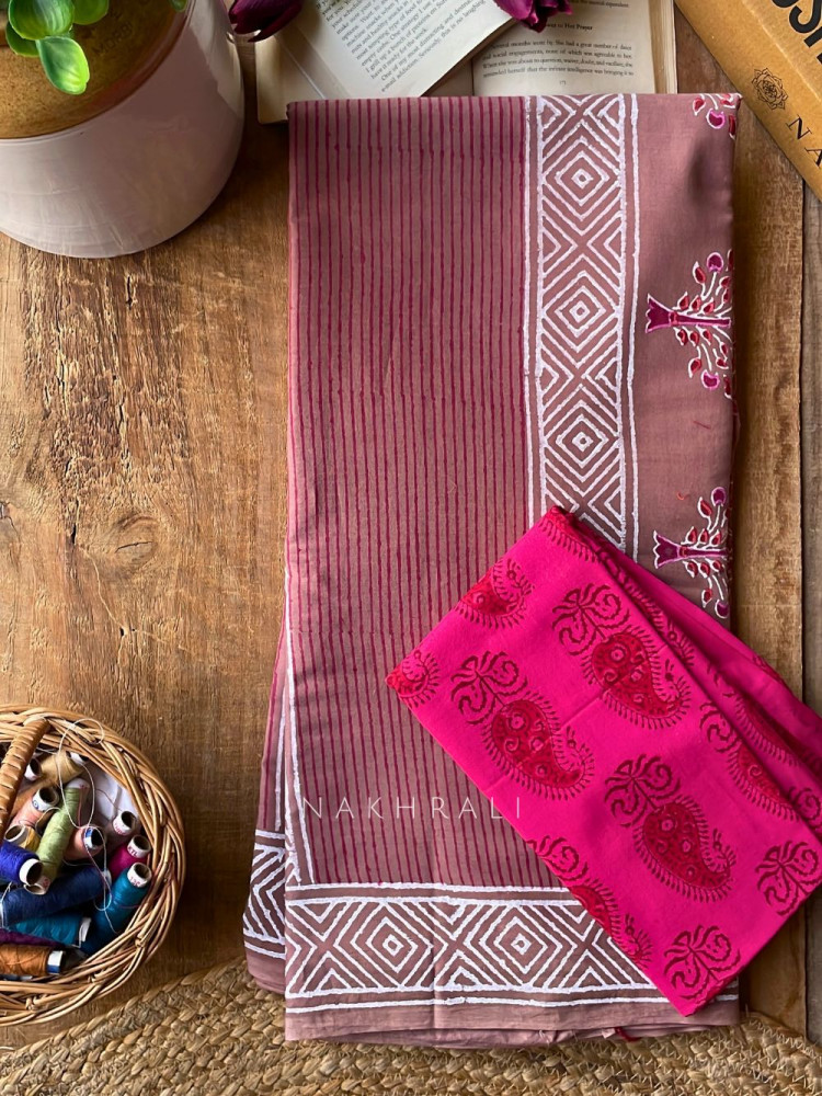 Image of Vanalika Brown Cotton Saree with Block Print