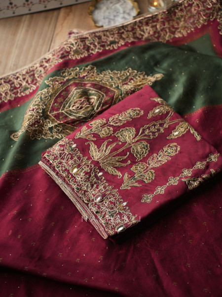 Imperial Maroon Dress Material Set with Heavy Embroidery Work