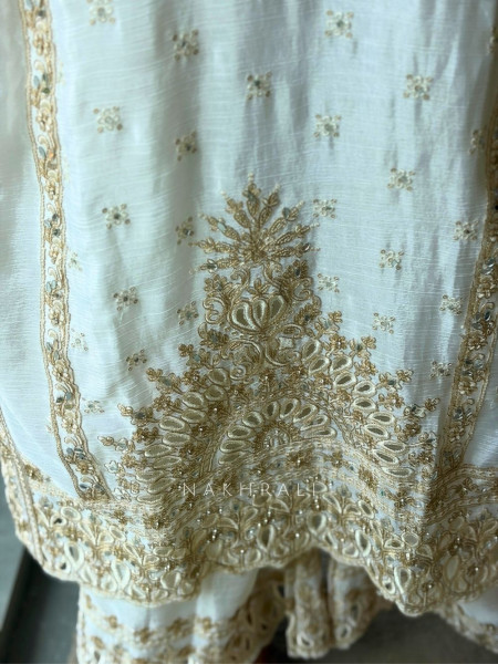 Zymera Off White  Three Piece Suit Set with Cutwork and Mirror Embroidery