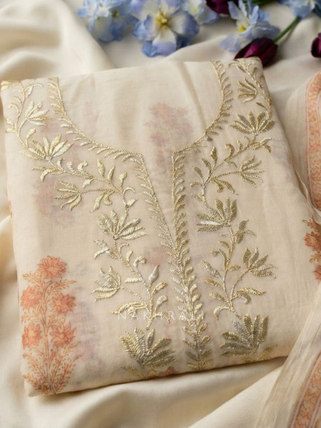 Lioren Cream Floral Printed Dress Material with Thread Embroidery
