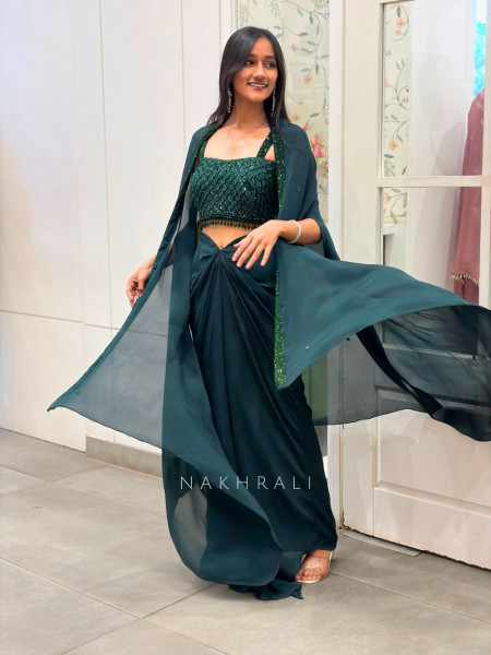Rivora Green Sequin Cut Dana Crop Top Drape Skirt Set with Cape