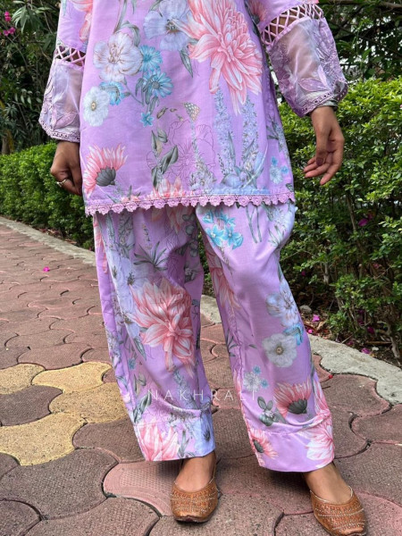 Pavira Purple Floral Suit Set with Lace Detailing