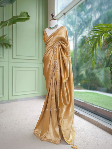 Rivora Mustard Zari Woven Saree with Ornate Border Design