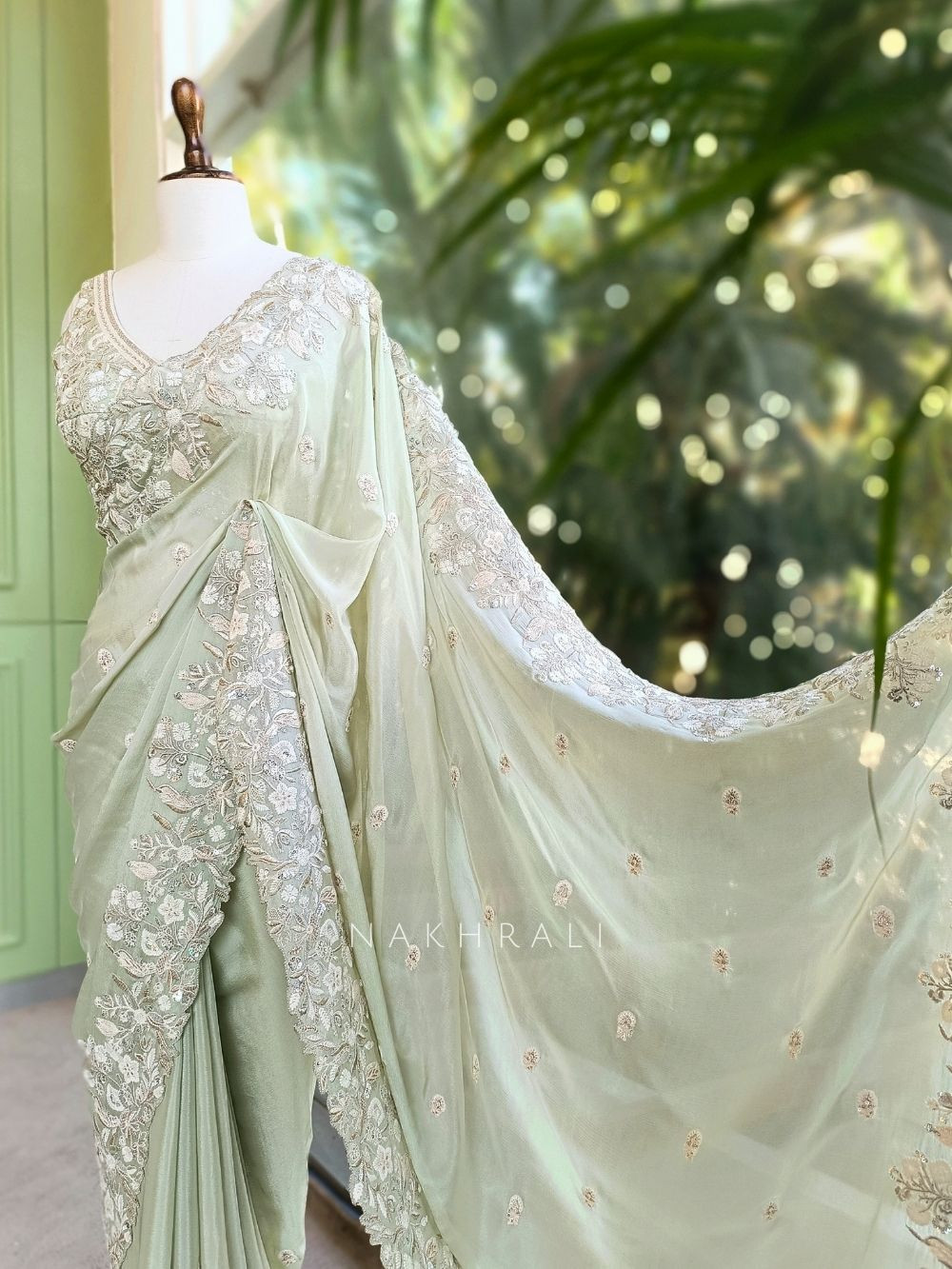Tnt Rishka Rishka Pista Green Saree with Embroidery and Sequin Work