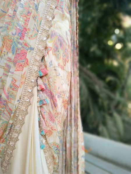 Mrinal Cream Drape Saree with Floral Print and Sequin Border