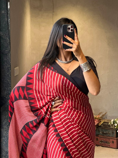 Ravya Red Modal Silk Saree with Stripe Weave