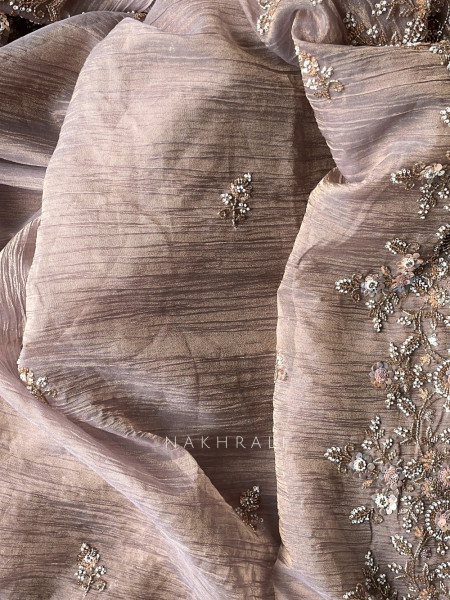 Roselle Gleam Purple Crushed Shimmer Silk Saree With Zardozi & Aari Work