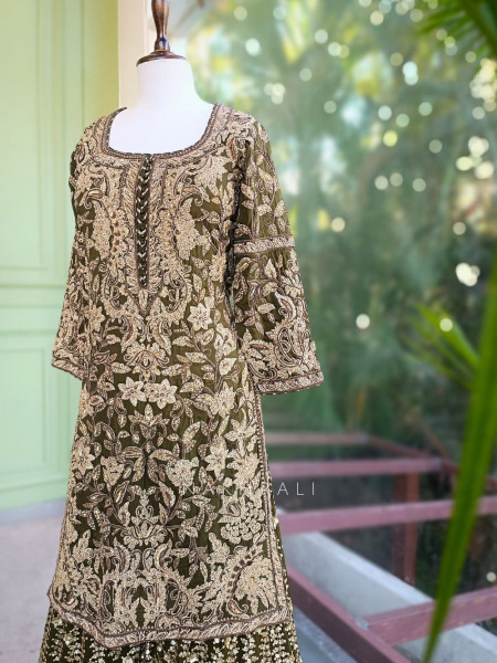 Zayira Green Zari & Bead Embroidered Kurta Sharara Suit Set