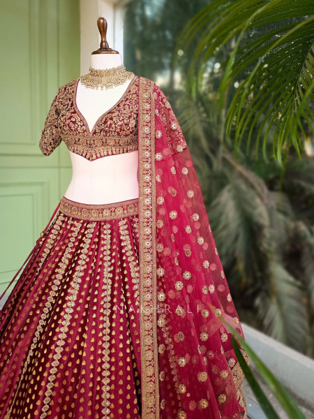 Nayrita Maroon Bridal Lehenga with Zari Sequin and Gota Work