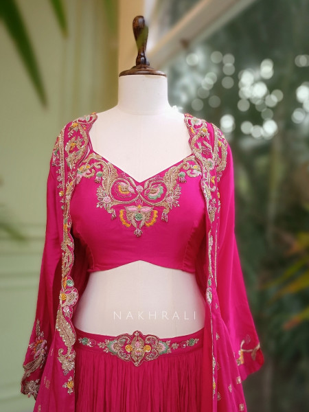Zariyah Magenta Embroidered Crop Top Skirt Set with Cape