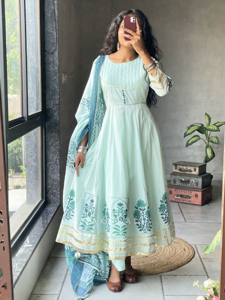 Mishka Green Cotton Anarkali Suit Set with Print Work